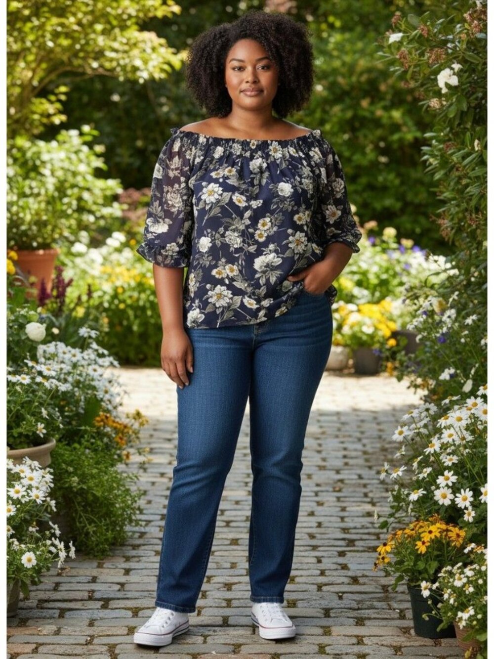 Altar'd State Floral Off-Shoulder Navy Blue Blouse 3/4 Sleeves Womens S Polyeste